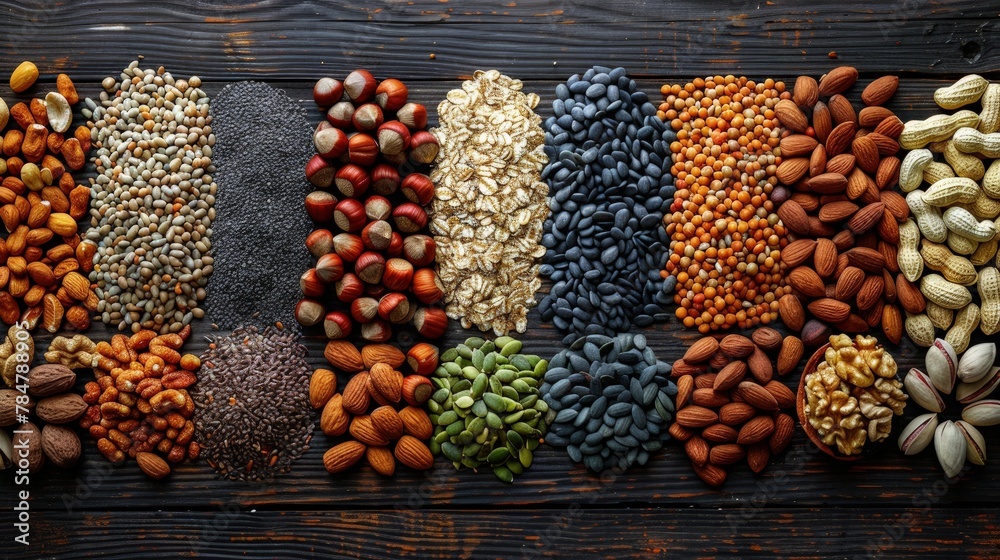 Top view of a wide assortment of nuts and seeds laid out on a rustic wooden table, natural lighting highlighting the textures and flavors Top view of a wide assortment of nuts and seeds laid out on a rustic wooden table, natural lighting highlighting the textures and flavors