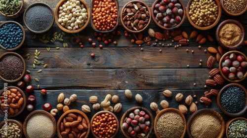 Top view of a wide assortment of nuts and seeds laid out on a rustic wooden table, natural lighting casting soft shadows
