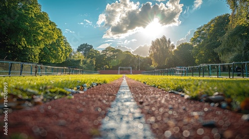 Track and field hurdles on a bright green field, speed and agility photo