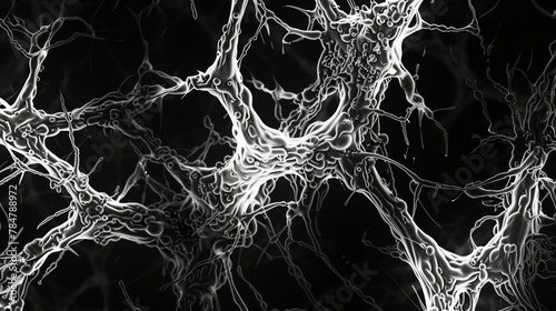 A high-resolution, monochrome micrograph of an intricate network of fibers in the skin resembling flowing water on the dark background. Generated by artificial intelligence.. photo