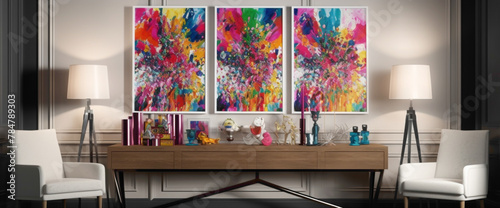 Discover a room adorned with a vibrant illustration framed in white, with a mosc of colorful splashes adorning the walls. The radiant display creates a captivating mosc of color,  photo