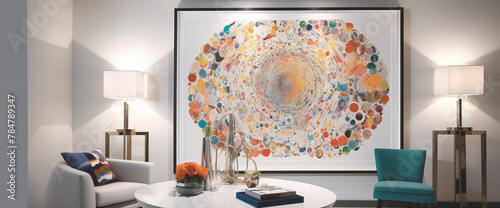 Discover a room adorned with a vibrant illustration framed in white, with a mosc of colorful splashes adorning the walls. The radiant display creates a captivating mosc of color,  photo