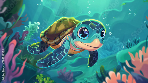 Cute Cartoon Sea Turtle Underwater