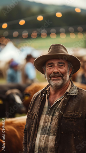 studio shot of A farmer proudly showing off his prized livestock at a rural fair, realistic travel photography, copy space for writing