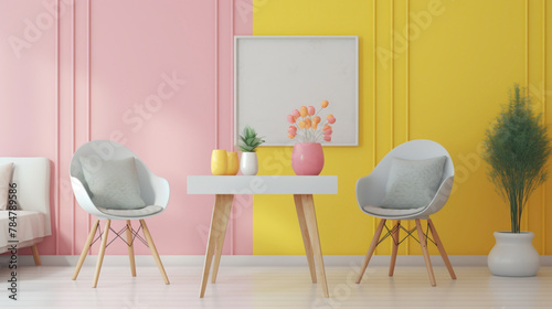 Delight in the charm of Scandinavian design with two chrs in vibrant colors, a central table, and an empty canvas agnst a backdrop of pure pink, white, or yellow, creating a cozy and inviting space. photo