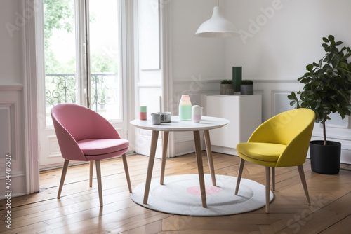 Delight in the charm of Scandinavian design with two chrs in cheerful colors, a central table, and an empty canvas agnst a backdrop of pure pink, white, or yellow, 