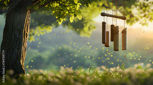 Bamboo wind chimes hanging among lush trees fluttering in sunlight, mellow sunlight of a tranquil garden. photo