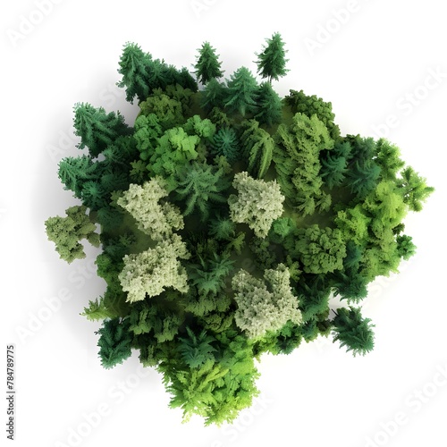 Three-dimensional aerial view of a wooded area  featuring trees isolated on a white background.