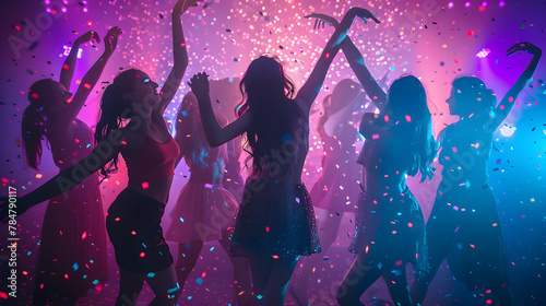 A group of young women dancing and celebrating at a nightclub for a festive event like Christmas, birthday, or Valentine's Day.