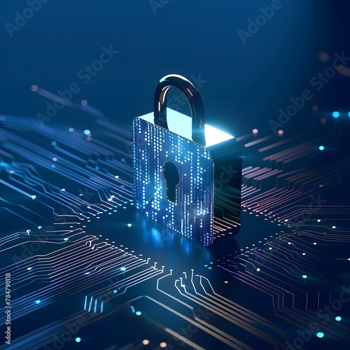 Digital padlock for computing system on dark blue background, representing cyber security technology for fraud prevention and privacy data network protection.