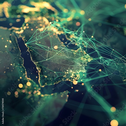 Abstract map of Saudi Arabia, Middle East, and North Africa, highlighting the themes of global network, data transfer, cyber technology, information exchange, and telecommunication.