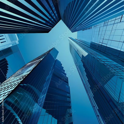 Modern skyscrapers of a smart city's financial district, presented in a graphic perspective with blue architectural background and reflections.