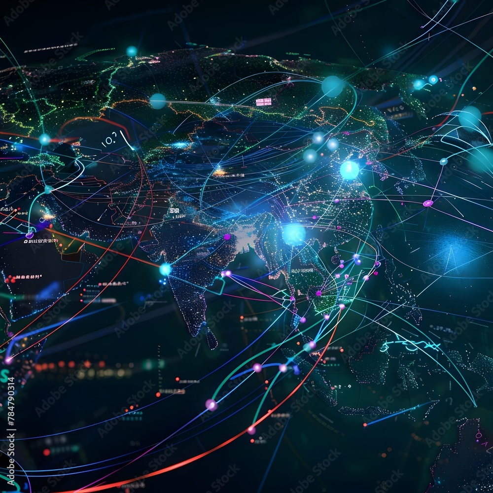 Digital map of Asia with a focus on global network, data transfer, and cyber technology. Digital map of Asia with a focus on global network, data transfer, and cyber technology.