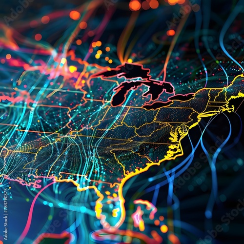 Abstract digital map of America, showcasing the themes of American global network, connectivity, data transfer, cyber technology, information exchange, and telecommunication.