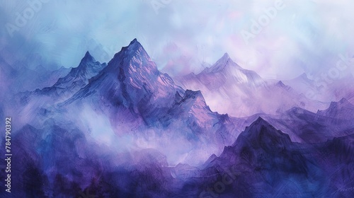 Abstract, mountain majesty, cool purples and blues, dawn, close focus, rugged peak mystery.