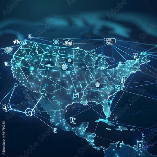 Digital map of USA with icons and lines, representing the theme of North America's global network, connectivity, data transfer, cyber technology, information exchange, and telecommunication.