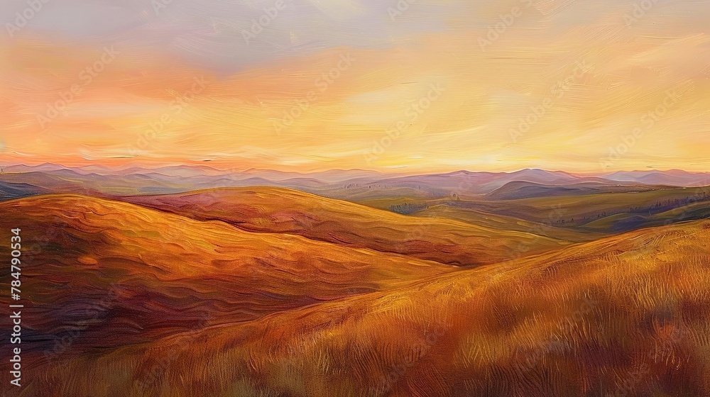 Naklejka premium Oil paint, rolling hills at sunset, warm hues, twilight, wide angle, undulating textures.
