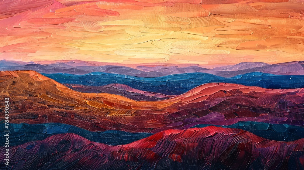 Oil paint, rolling hills at sunset, warm hues, twilight, wide angle, undulating textures. 