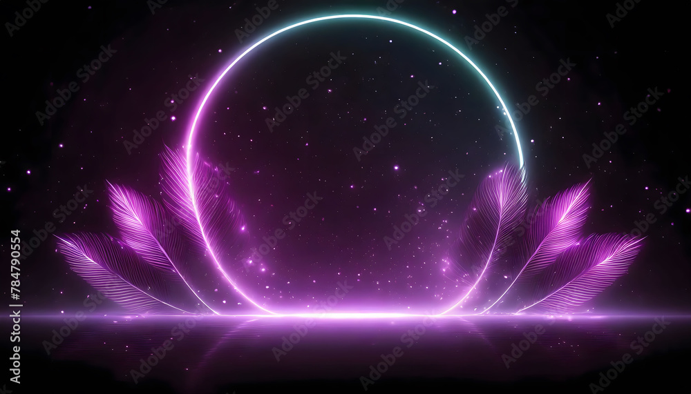 Stunning neon circle surrounded by tropical leaves against a starry sky backdrop.