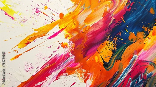 Abstract, paint cannon, vibrant streaks on white, direct sunlight, panoramic, energetic release. 
