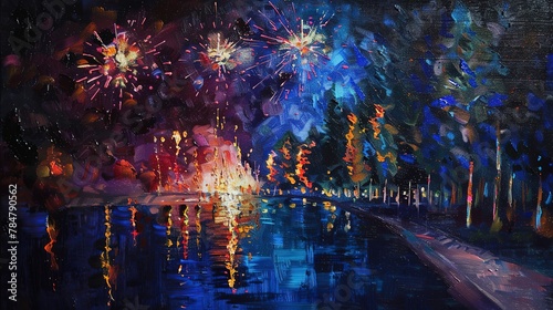 Oil paint, firework finale, night colors, night glow, wide lens, celebratory sparkle. © Thanthara