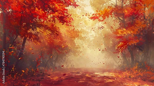 Oil painting, autumnal explosion, warm reds and oranges, morning mist, wide angle, scattered leaves effect. 