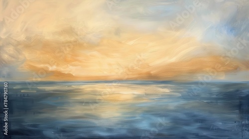Abstract oil, empty horizon, warm beige and blue, evening, panoramic view, tranquil divide.  © Thanthara