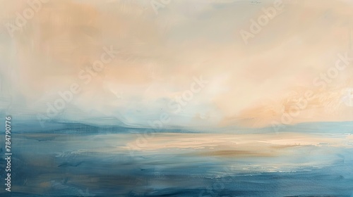 Abstract oil, empty horizon, warm beige and blue, evening, panoramic view, tranquil divide. - #784790776