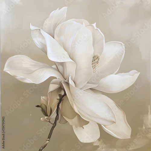 Realistic oil painting of a white flower with large petals, set on a beige background.
