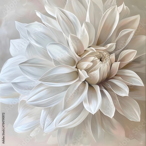 Realistic oil painting of a white flower with large petals, set on a beige background. © Hasanul