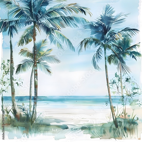 Watercolor painting of a beach scene with palm trees, isolated on a white background.