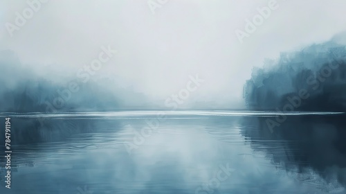 Calm lake oil paint effect, cool blues, misty morning, aerial view, soft focus.  © Thanthara