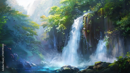Zen waterfall  oil painting effect  serene palette  high angle  soft light. 