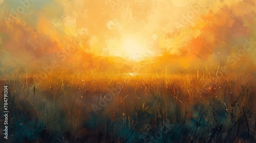 Abstract oil painting, calm meadow, oil paint, warm hues, golden hour, wide lens. © Thanthara