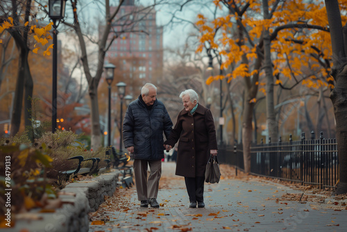 Elderly Couple Walking Down Sidewalk in Fall © Dzmitry