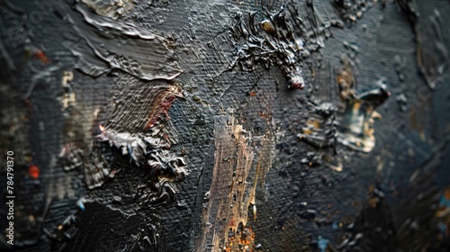 Grunge oil paint texture, dark tones, rough surface, close-up, shadowed light. 