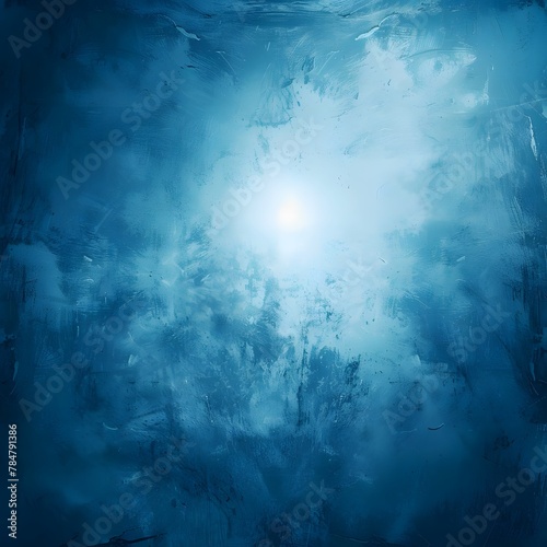 Rough abstract blue sea sky background with bright light, grainy noise, and grungy texture, providing an empty space for additional elements.