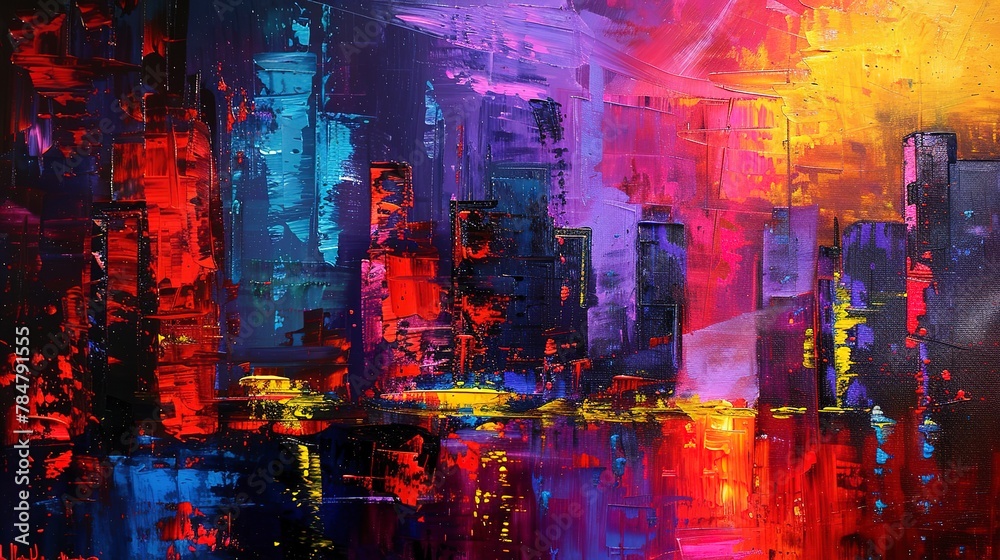 Obraz premium Abstract oil painting, futuristic buildings, vibrant palette, night, high angle, neon glow. 