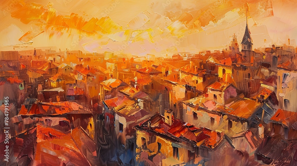 Old town abstract, oil painting, warm tones, golden hour, bird's-eye view. 