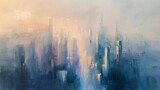 Abstract oil painting, city skyline, soft hues, dawn light, aerial perspective.