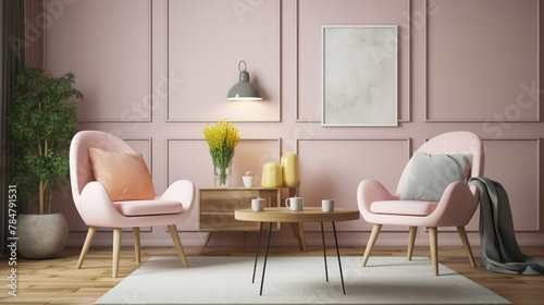 Curl up in a cozy Nordic nook with two chrs in soft pastel hues, a central table, and an empty canvas agnst a backdrop of pure pink, white, or yellow. Allow the tranquil atmosphere to envelop you 