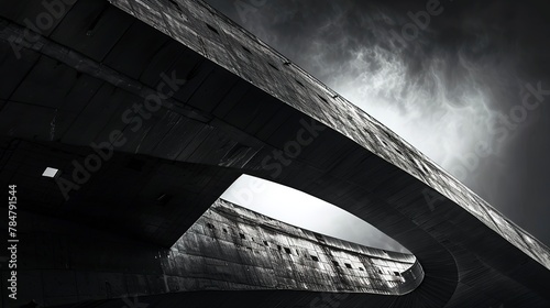 Architectural abstract, oil effect, monochrome, twilight, low angle, silhouette. 