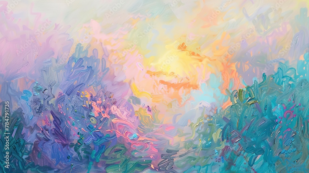 Abstract oil painting, unicorn in meadow, magical colors, dawn light, low angle, soft glow. 