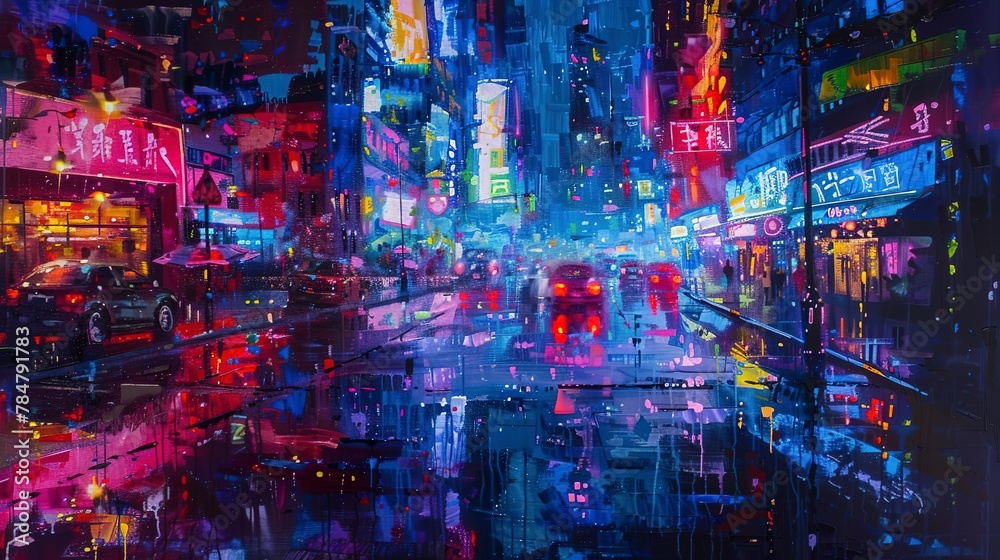 Abstract oil painting, cyberpunk streets, vibrant neon, dusk, wide view, rain reflections. 