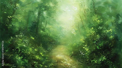 Oil painting Enchanted forest path, abstract oil, lush greens, morning mist, bird's-eye view. 