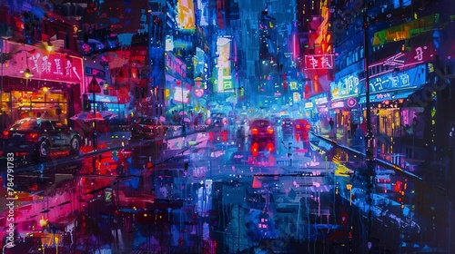 Abstract oil painting, cyberpunk streets, vibrant neon, dusk, wide view, rain reflections. 