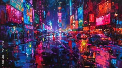 Abstract oil painting, cyberpunk streets, vibrant neon, dusk, wide view, rain reflections.