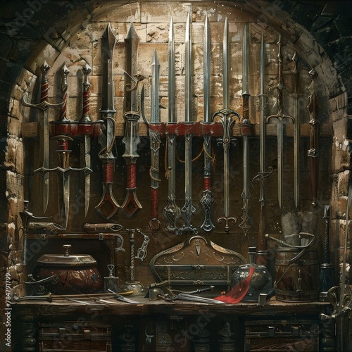 An ancient armory filled with a collection of swords, daggers, and other medieval weapons displayed on stone walls photo