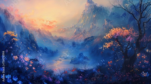 Oil painting, alien flora, fantasy hues, twilight, panoramic view, ethereal glow.  #784791914