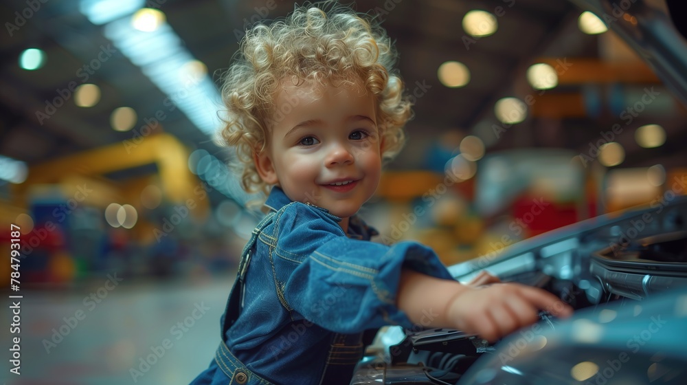 Beautiful Child Boy In Overalls Repairing Car In Service Station